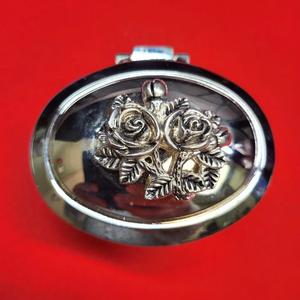 Vintage Silver Plated Roses Hinged Cover Trinket Jewelry Box Red Velvet Lining
